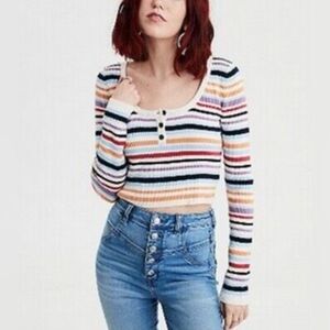 NEW American Eagle Henley Striped Scoop Neck Cropped Long Sleeve Womens Size XS